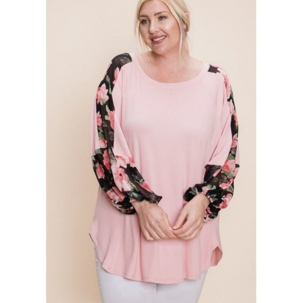 Pink Plus Size Top With Floral Sleeves